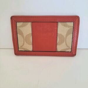 Coach Card Case Wallet Canvas Leather 4x2 Mini‎ Small Red Compact ID Holder Logo